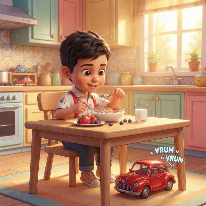 Página real: o herói tomando café da manhã na cozinha