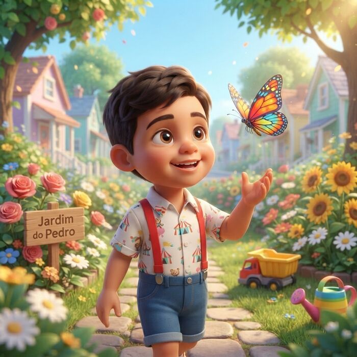 Página real: o herói no jardim com uma borboleta