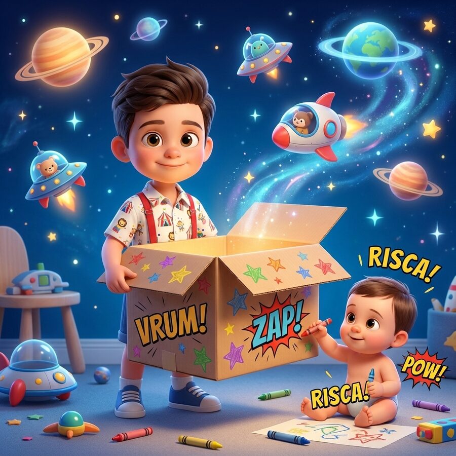 Página real: o herói transformando uma caixa de papelão em nave espacial